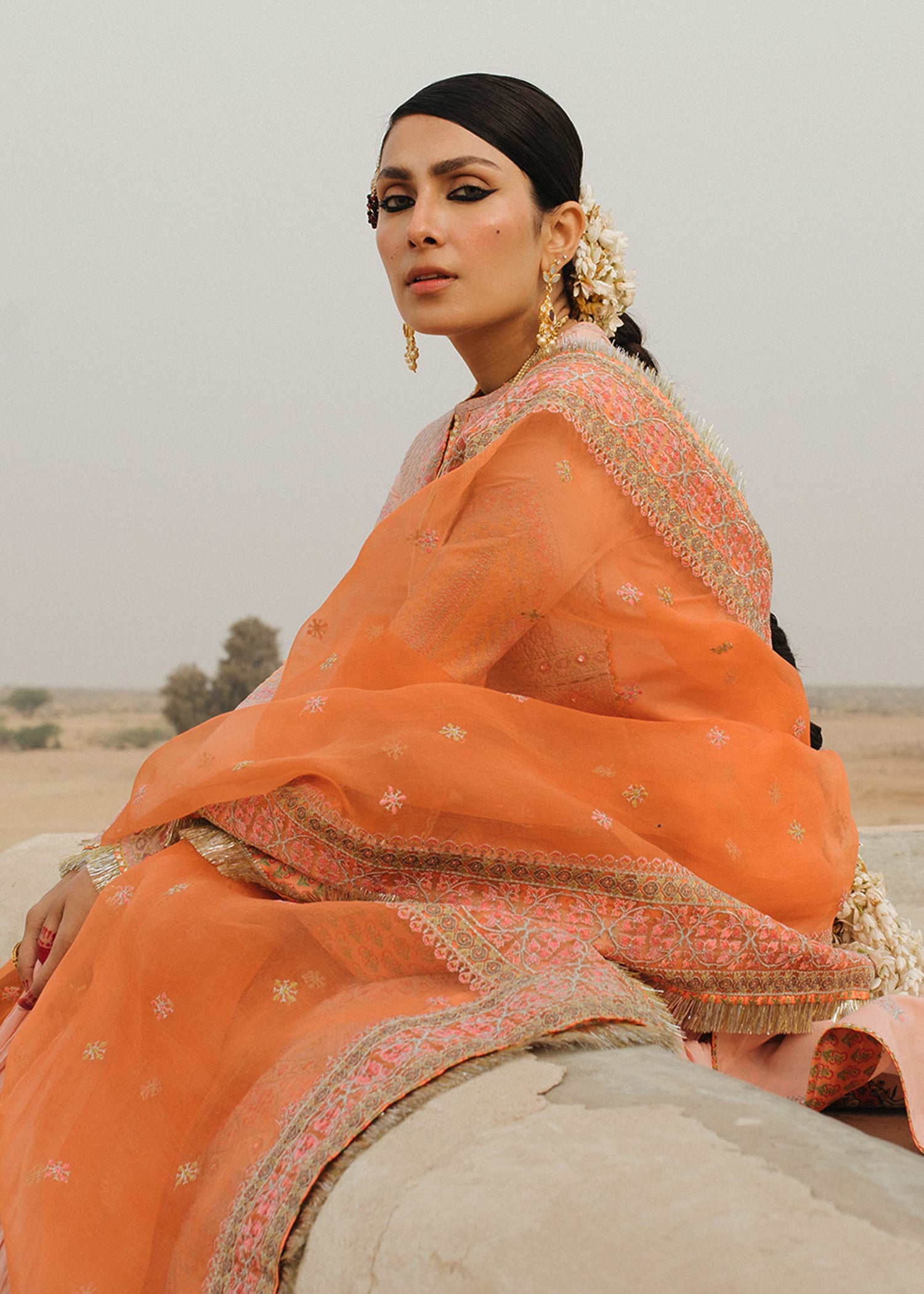 Pakistani Light Pink Embroidered Lawn & Organza Kalidar (3-Piece) - Image 8