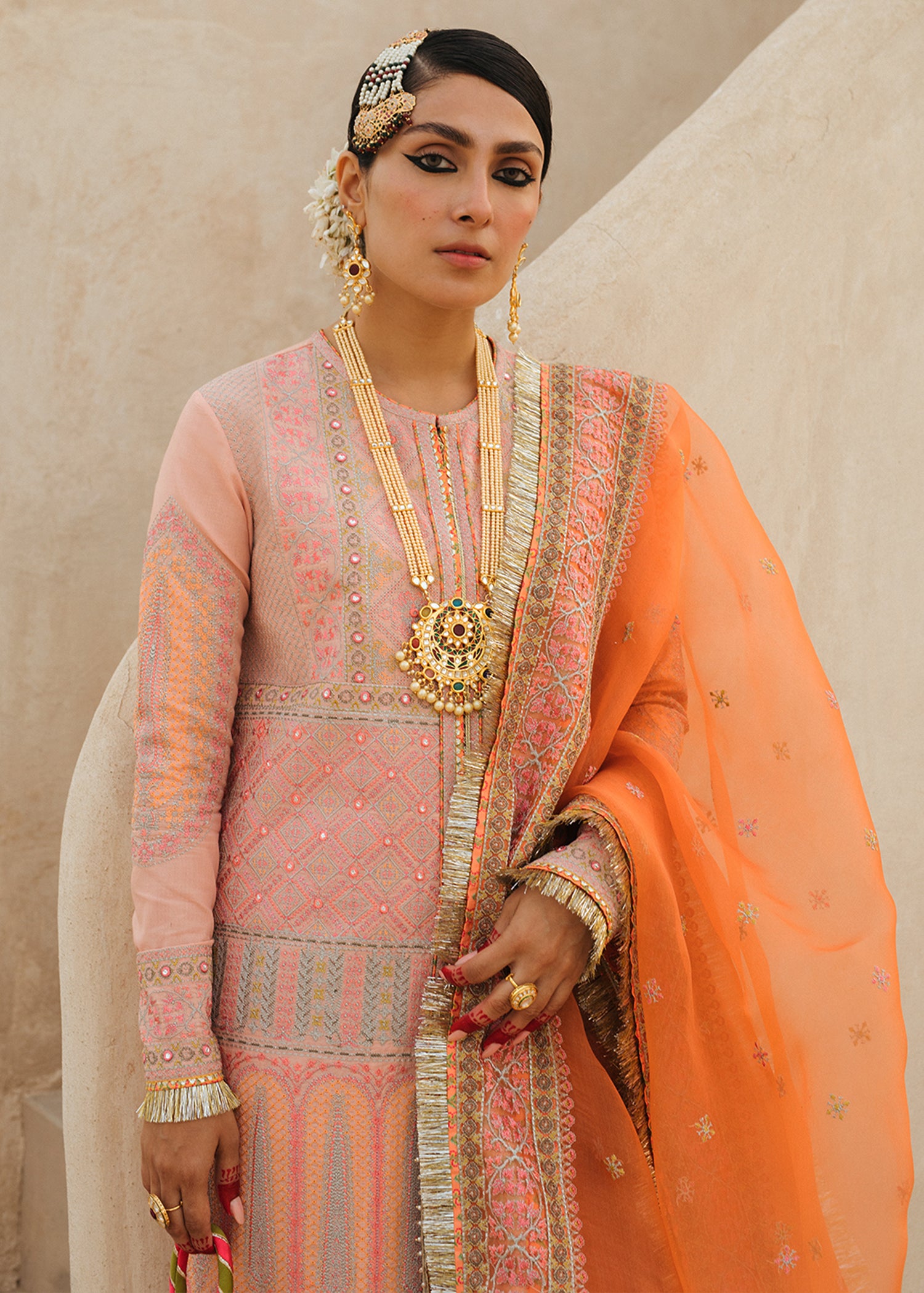 Pakistani Light Pink Embroidered Lawn & Organza Kalidar (3-Piece) - Image 9