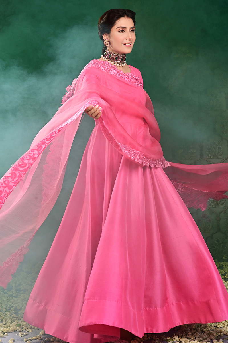 Watermelon Pink Embellished Raw Silk Kalidar (3-Piece) - Image 1
