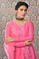 Watermelon Pink Embellished Raw Silk Kalidar (3-Piece) - Image 3