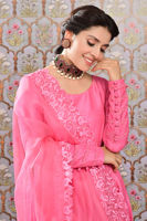 Watermelon Pink Embellished Raw Silk Kalidar (3-Piece) - Image 8