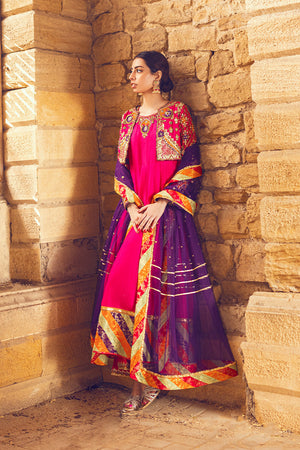 Pakistani Hot Pink Embroidered Raw Silk Kalidaar (3-Piece) - Image 1