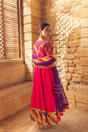 Pakistani Hot Pink Embroidered Raw Silk Kalidaar (3-Piece) - Image 4