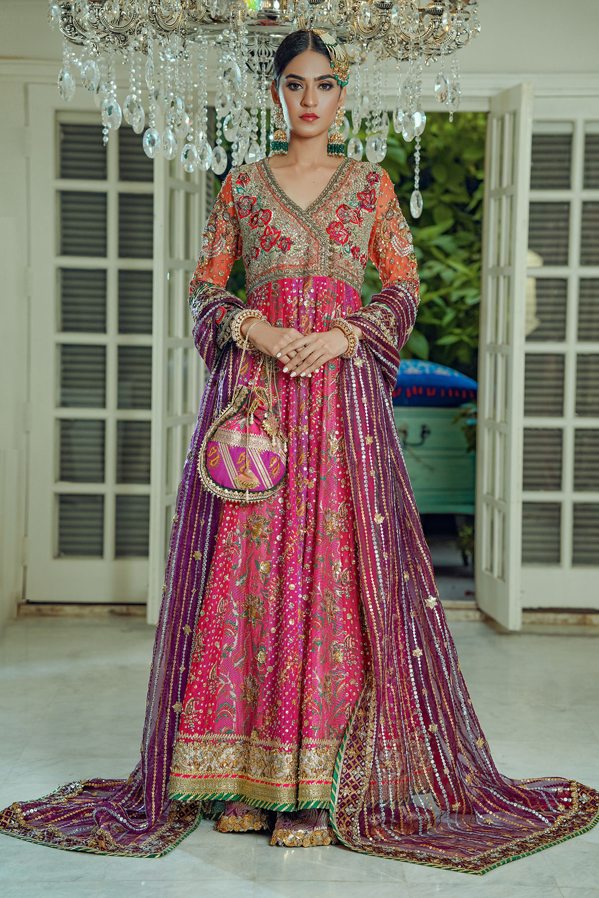 Pink & Magenta Zardozi Pure Silk Net Kalidar (3-Piece) - Image 1