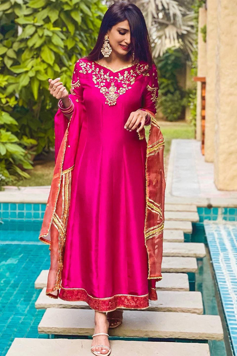 Pakistani Deep Berry Pink Zardozi Silk Kalidar (3-Piece) - Image 1