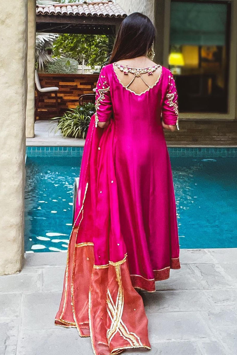 Pakistani Deep Berry Pink Zardozi Silk Kalidar (3-Piece) - Image 4