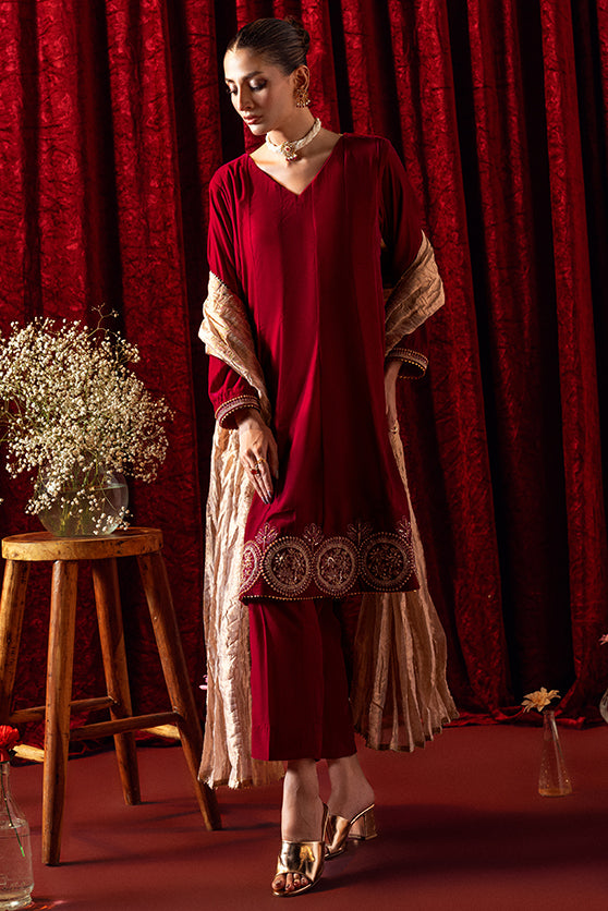 Fuchsia Pink Embroidered Velvet Kalidar (3-Piece) - Image 2