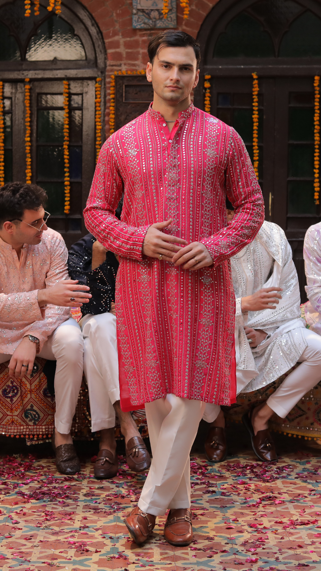 Pink Embroidered Chanderi Kurta Pajama (2-Piece) - Image 2