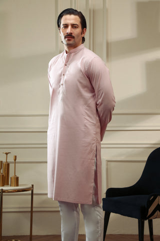 Powder Pink Embroidered Cotton Chambray Kurta Pajama (2-Piece) - Image 2