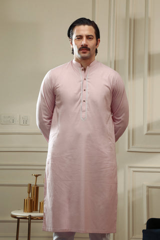 Powder Pink Embroidered Cotton Chambray Kurta Pajama (2-Piece) - Image 3