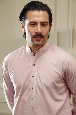 Powder Pink Embroidered Cotton Chambray Kurta Pajama (2-Piece) - Image 4