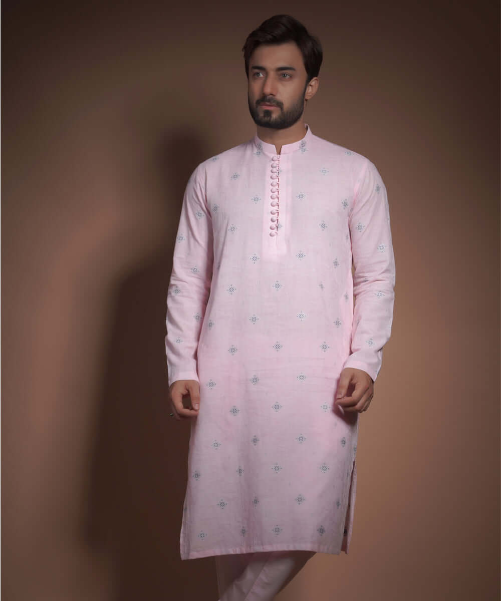 Heavenly Pink Jacquard Cotton Kurta Pajama (2-Piece) - Image 1