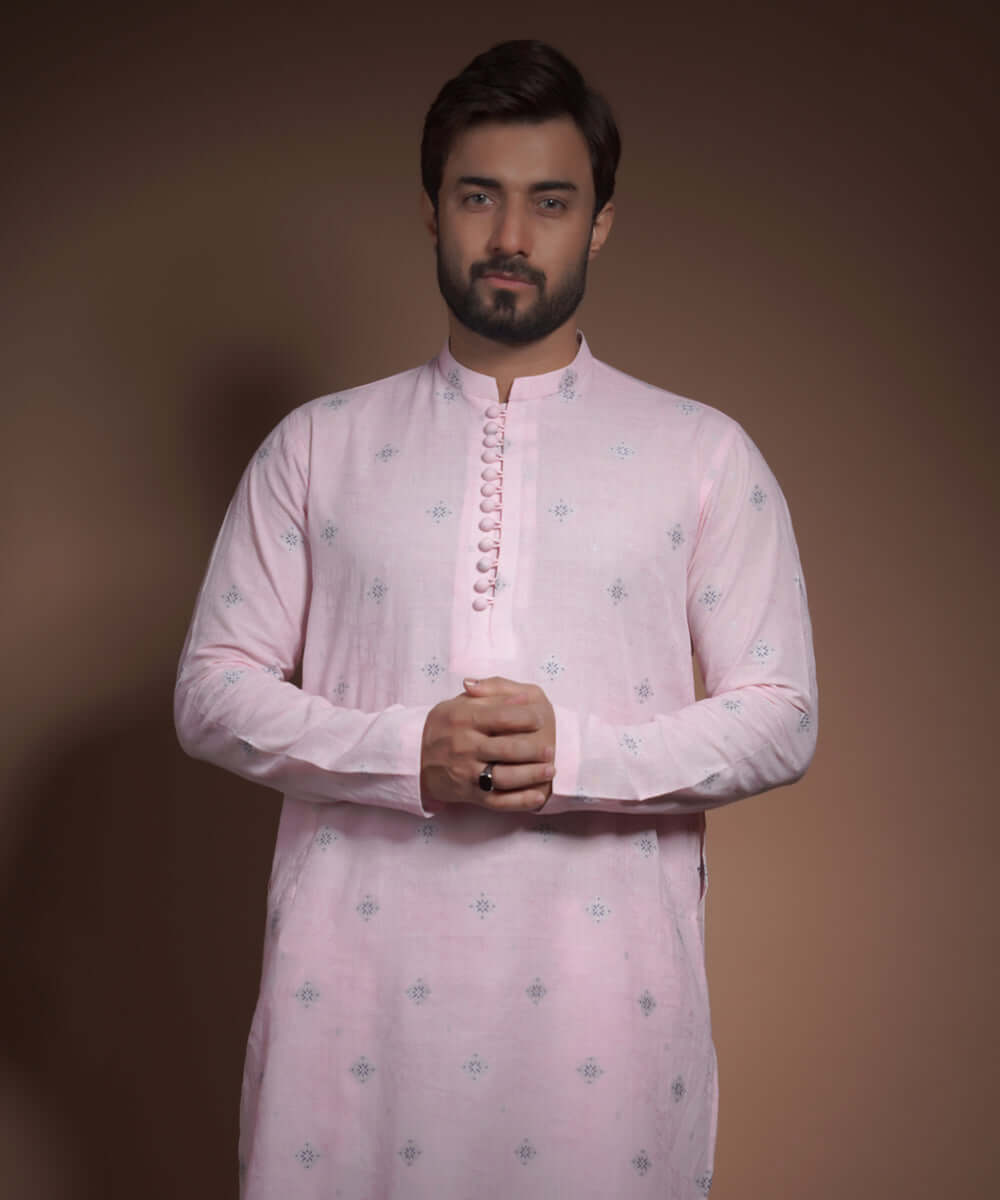 Heavenly Pink Jacquard Cotton Kurta Pajama (2-Piece) - Image 2
