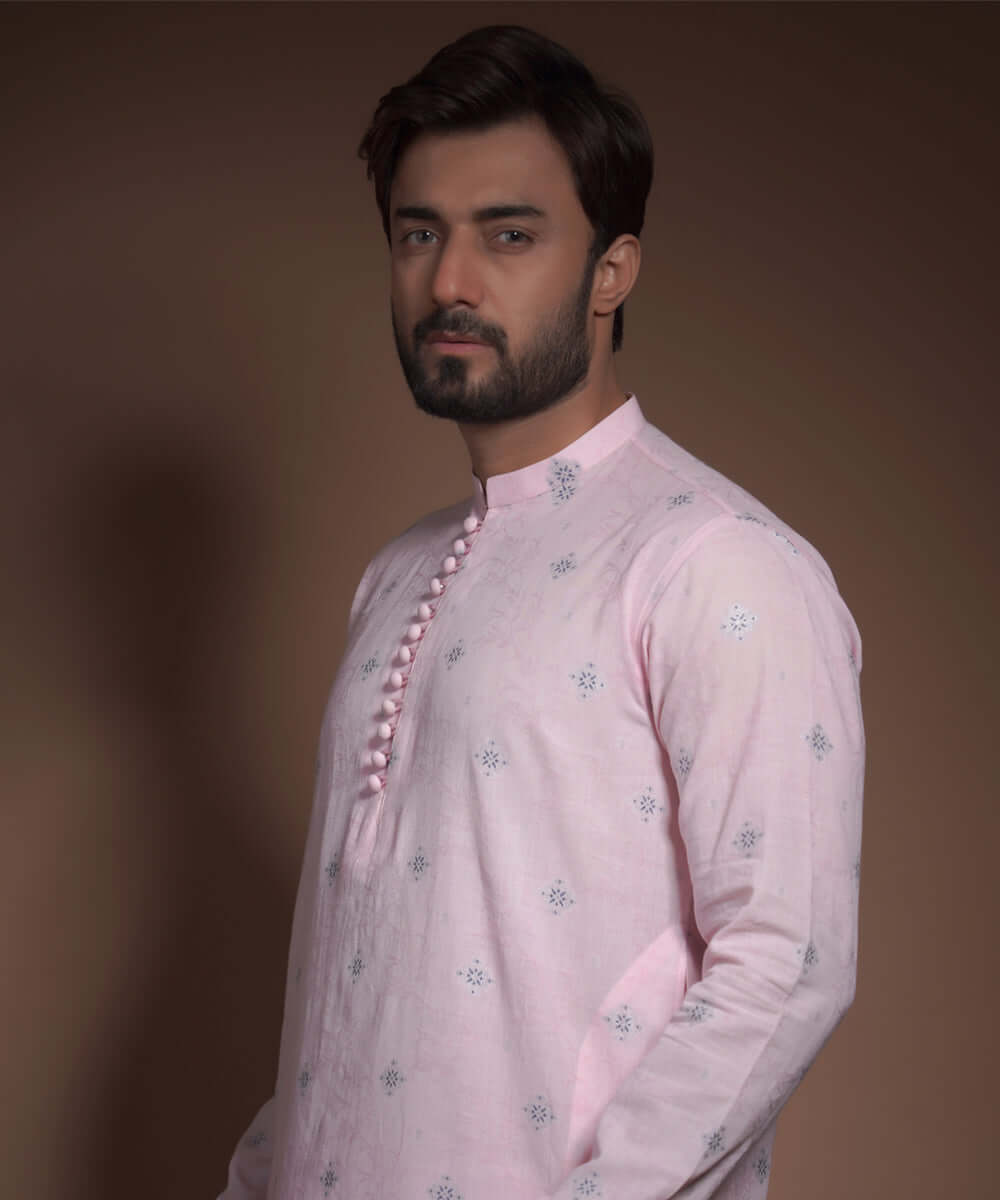 Heavenly Pink Jacquard Cotton Kurta Pajama (2-Piece) - Image 3