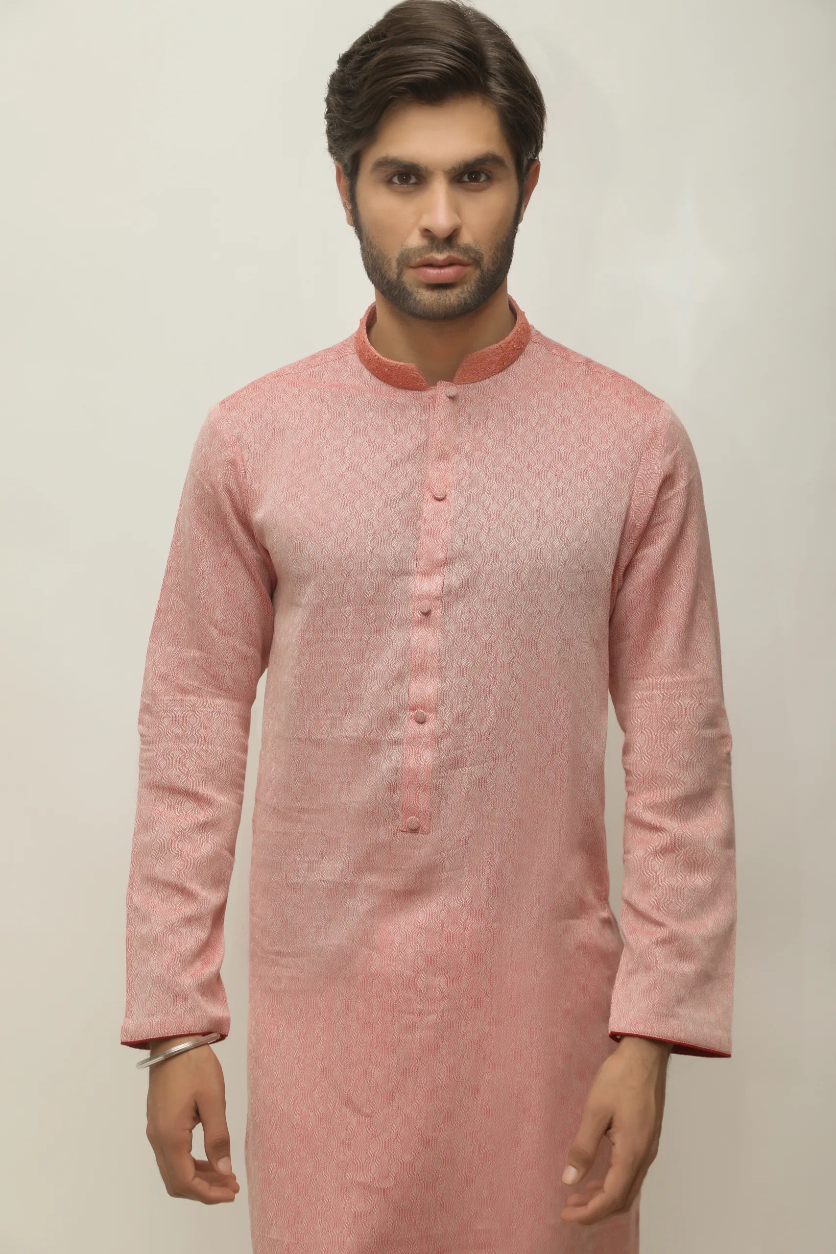 Soft Pink Textured Embroidered Cotton-Silk Kurta (2-Piece) - Image 1