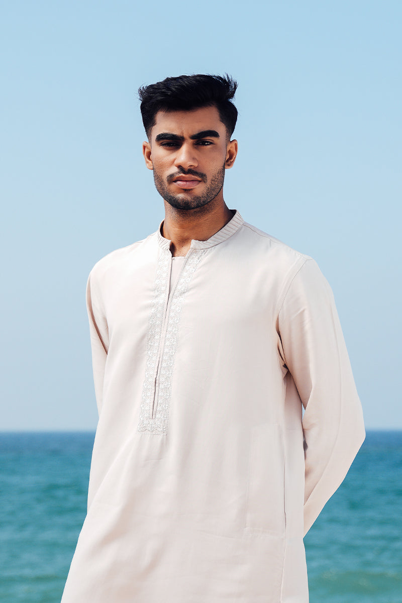 Soft Pink Embroidered Cotton-Silk Kurta Pajama (2-Piece) - Image 2