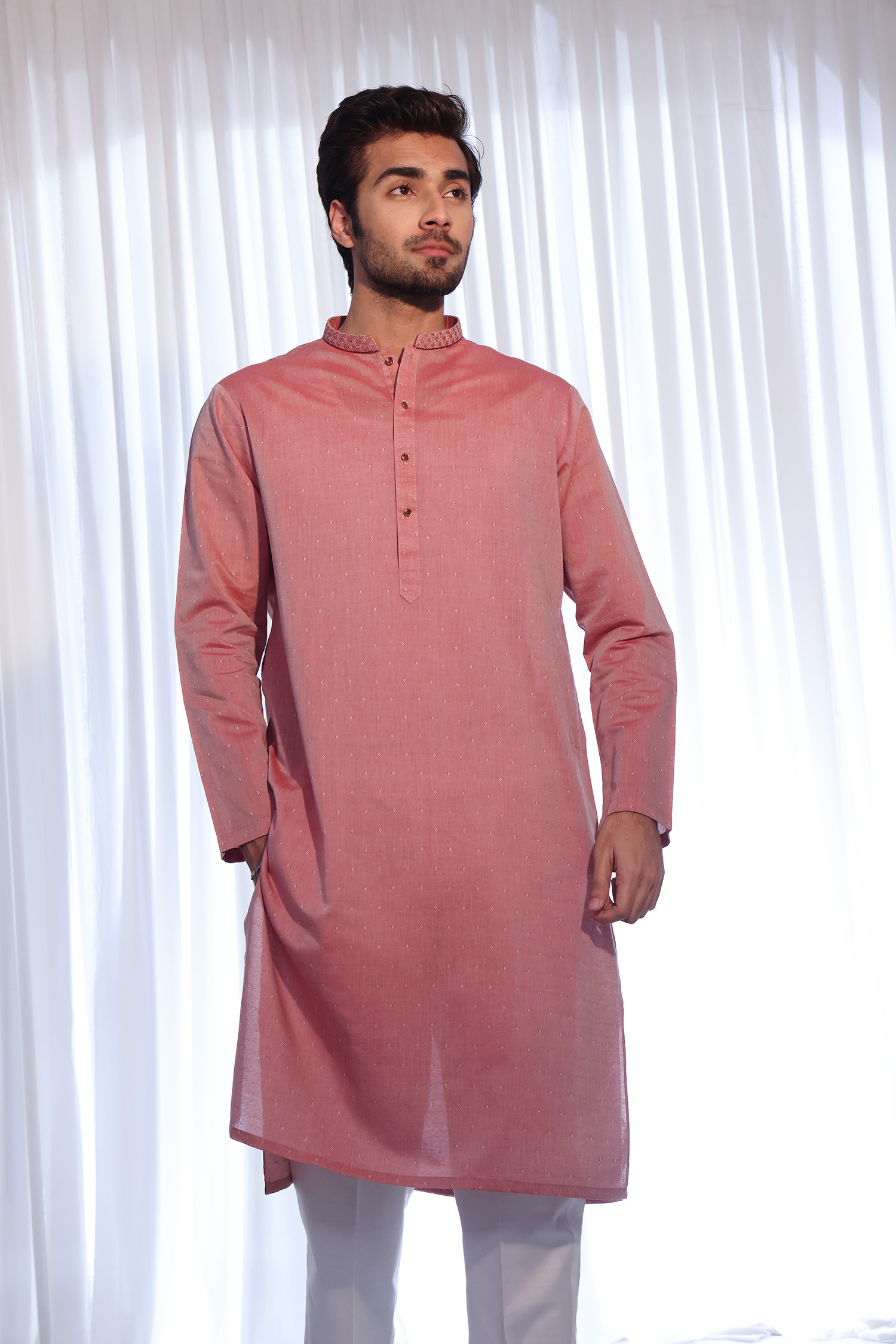 Salmon Pink Self-Textured Cotton Kurta (2-Piece) - Image 1