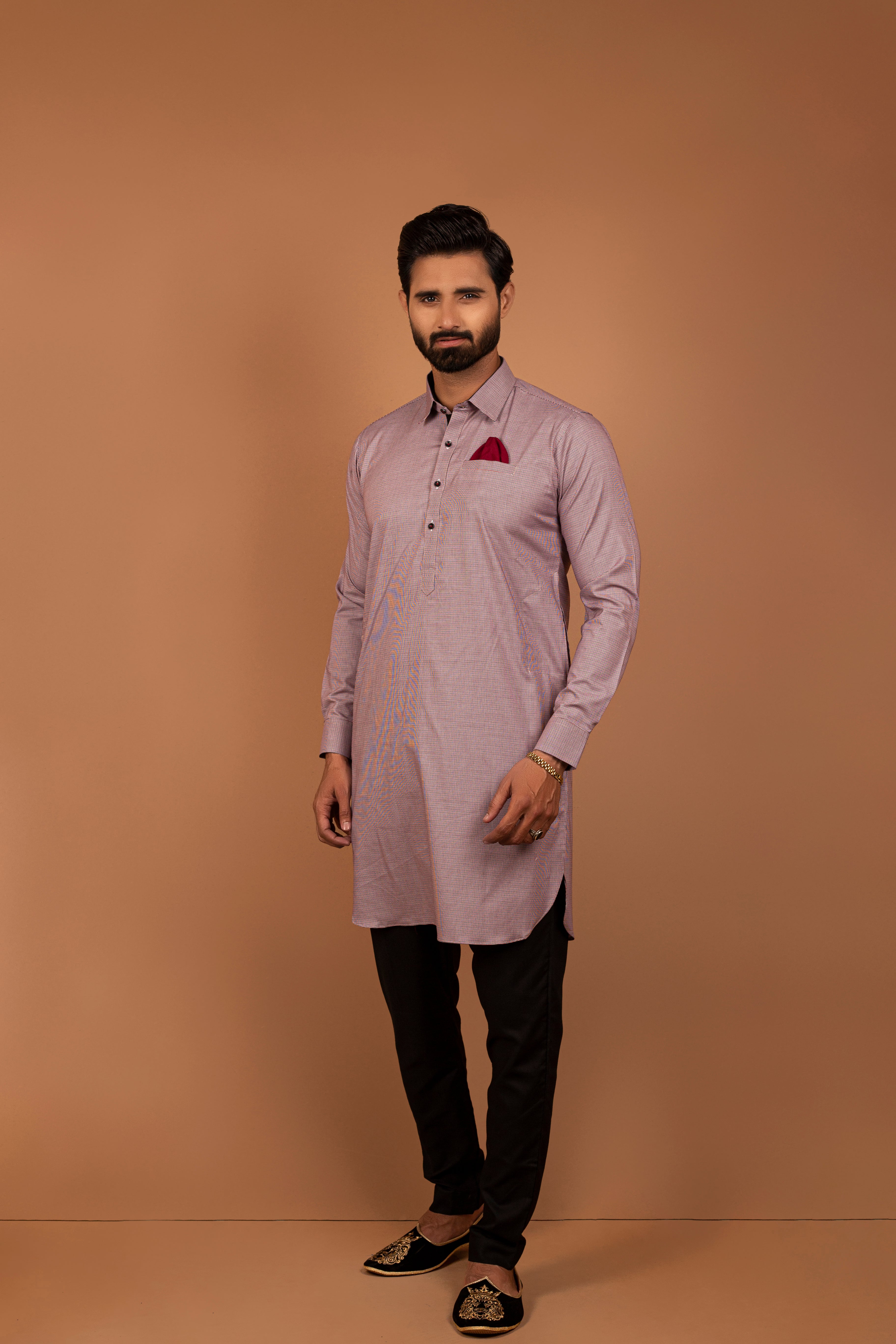 Pink and Black Patterned Cotton Kurta Pajama (2-Piece) - Image 1