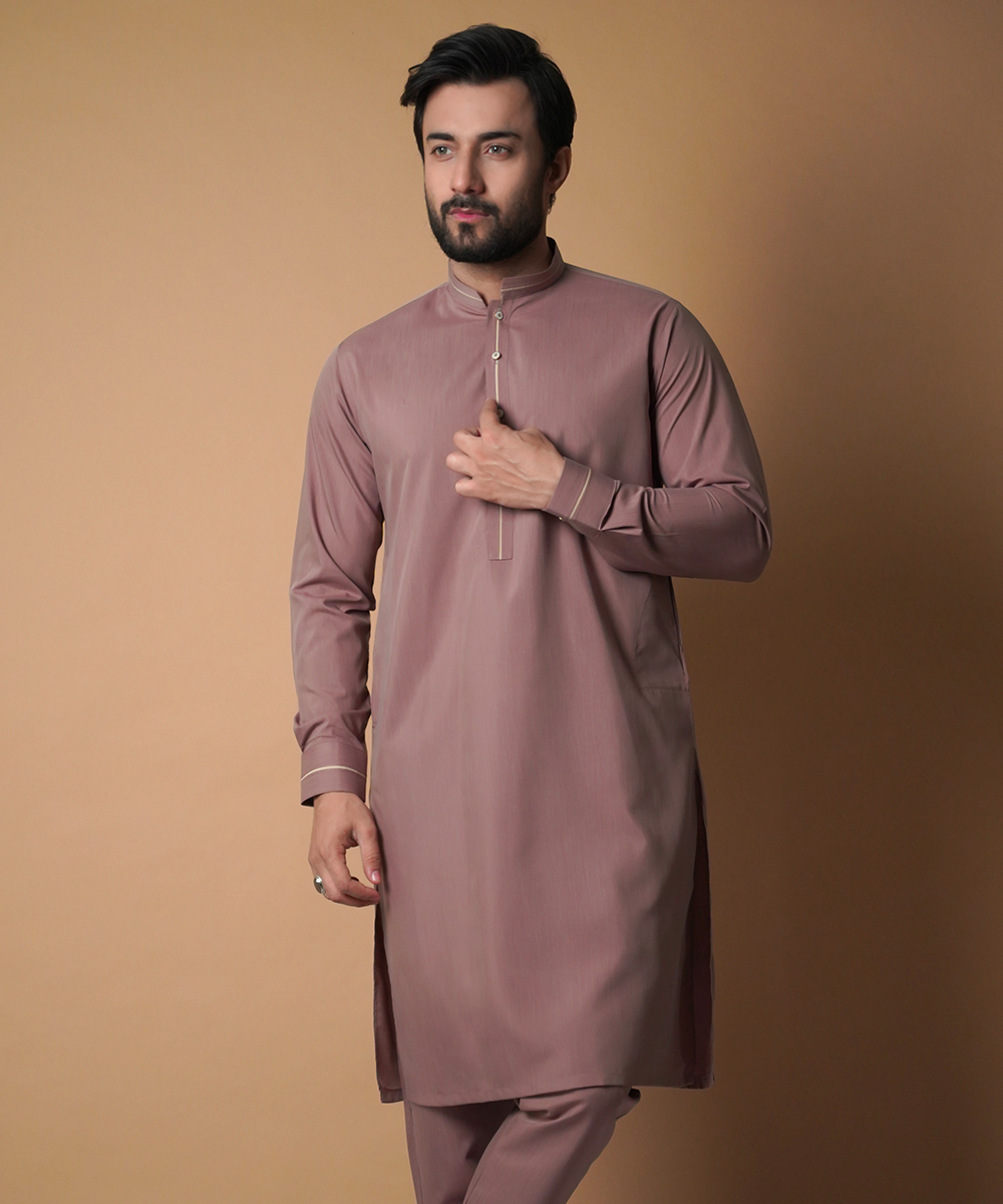 Dusty Rose Beige-Piped IronEZ Kurta Pajama (2-Piece) - Image 1