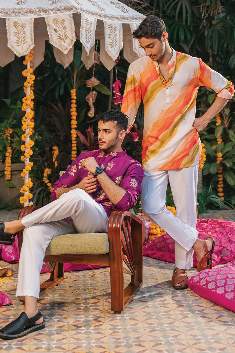 Magenta Screen-Printed Katan Silk Kurta Pajama (2-Piece) - Image 5