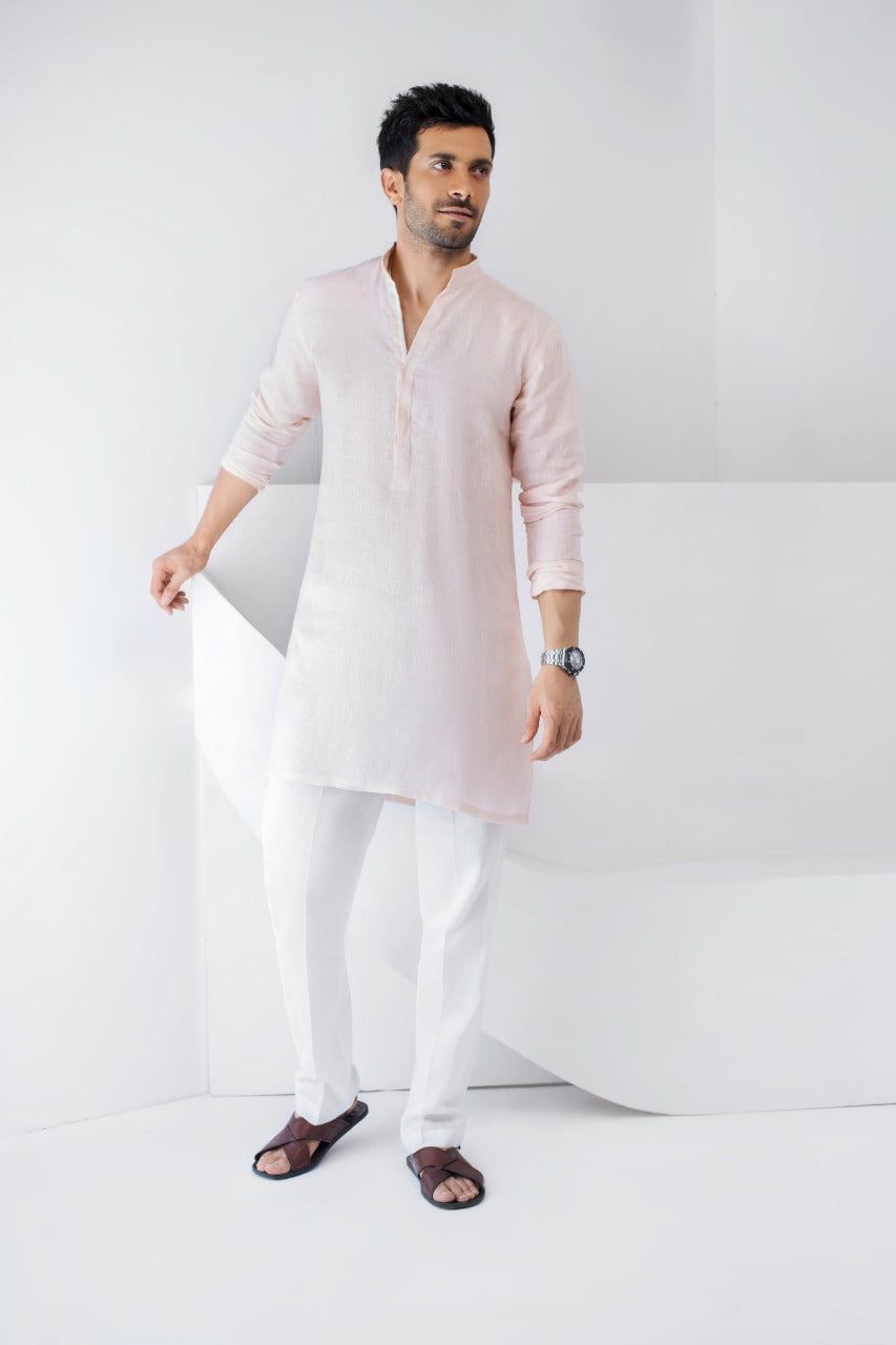 Soft Pink Linen Kurta Pajama (2-Piece) - Image 1