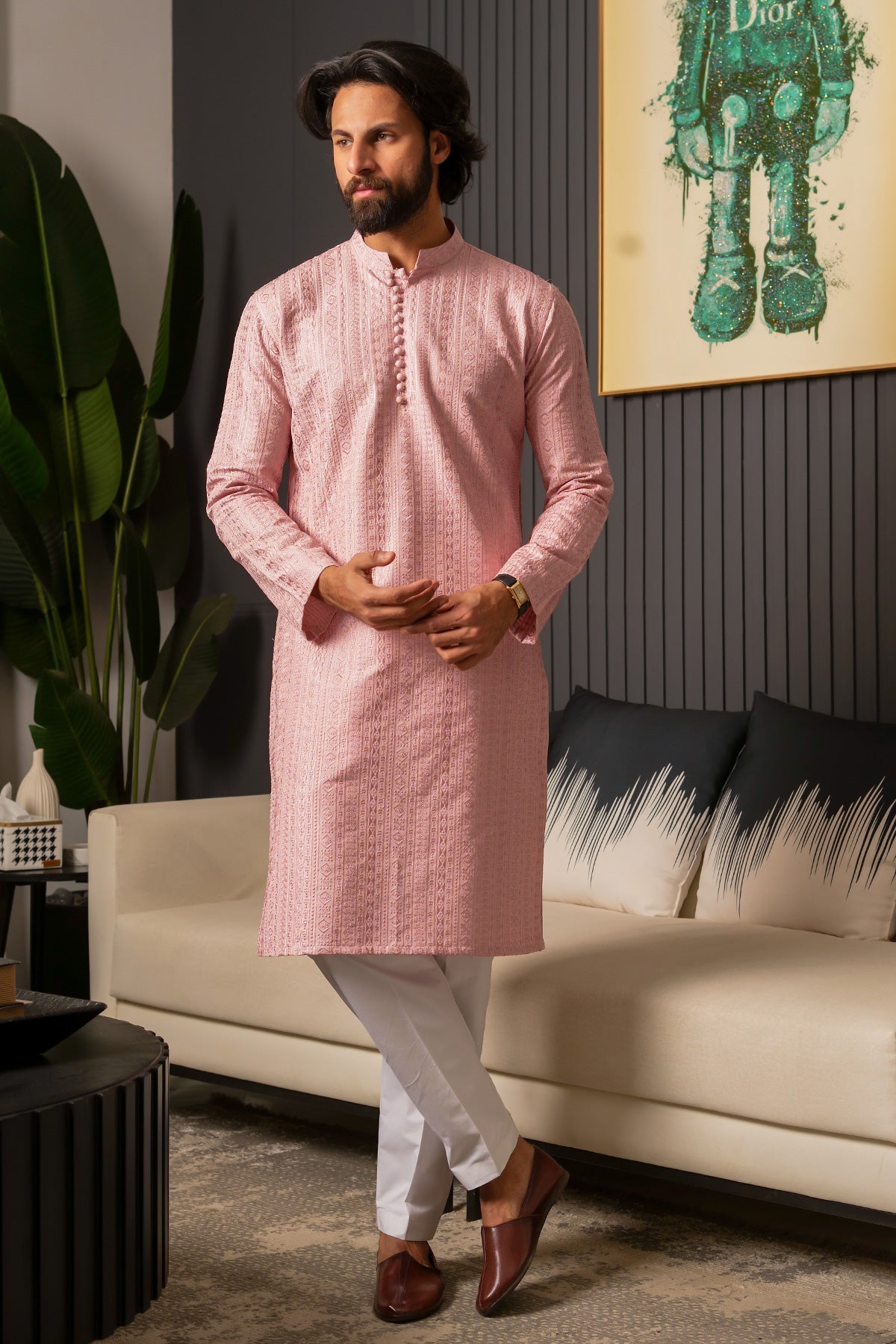 Soft Pink Woven Masoori Kurta Pajama (2-Piece) - Image 1
