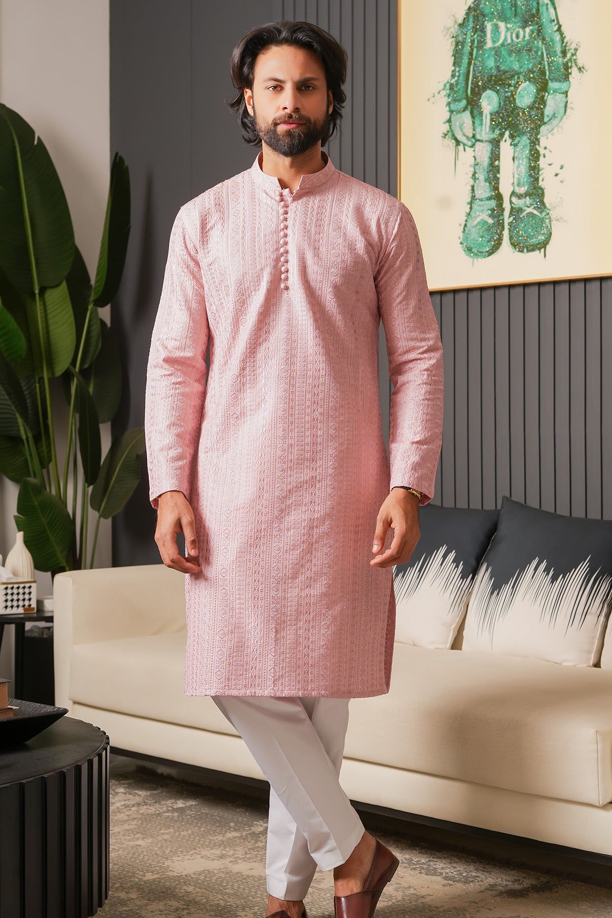 Soft Pink Woven Masoori Kurta Pajama (2-Piece) - Image 3