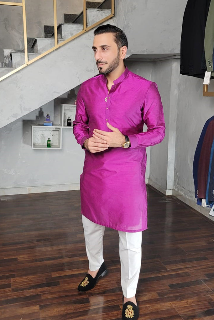Fuchsia Pink Raw Silk Kurta Pajama (2-Piece) - Image 1