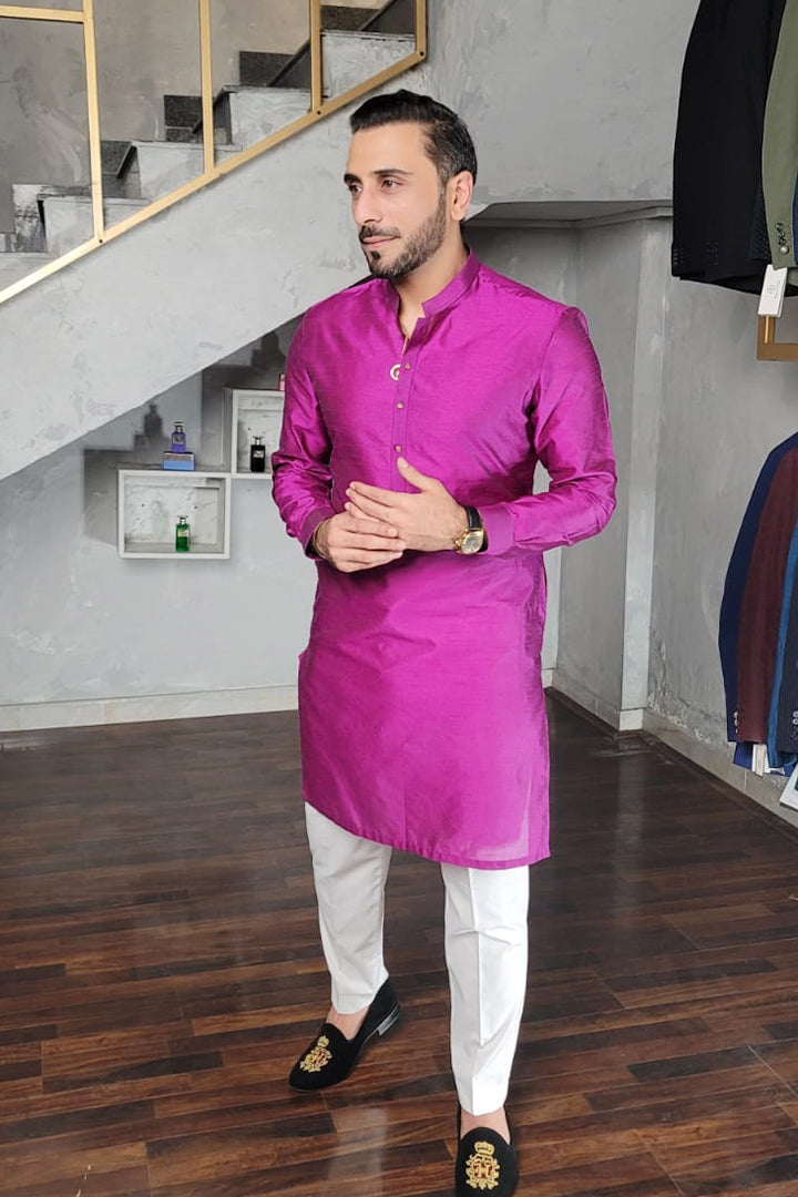 Fuchsia Pink Raw Silk Kurta Pajama (2-Piece) - Image 2