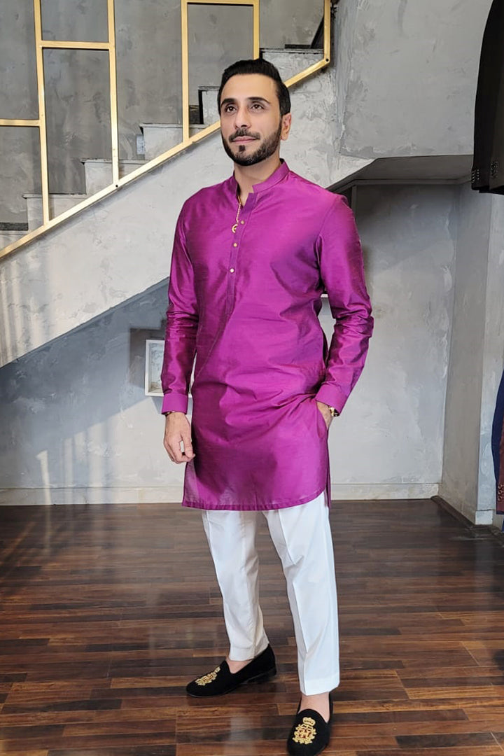 Fuchsia Pink Raw Silk Kurta Pajama (2-Piece) - Image 3