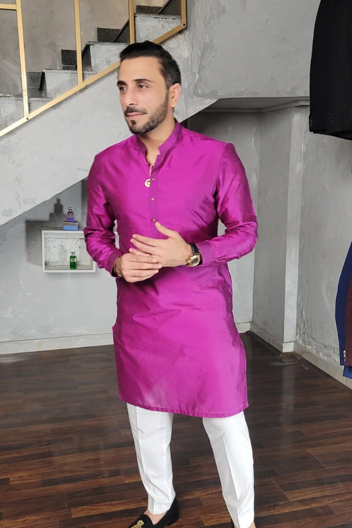 Fuchsia Pink Raw Silk Kurta Pajama (2-Piece) - Image 4