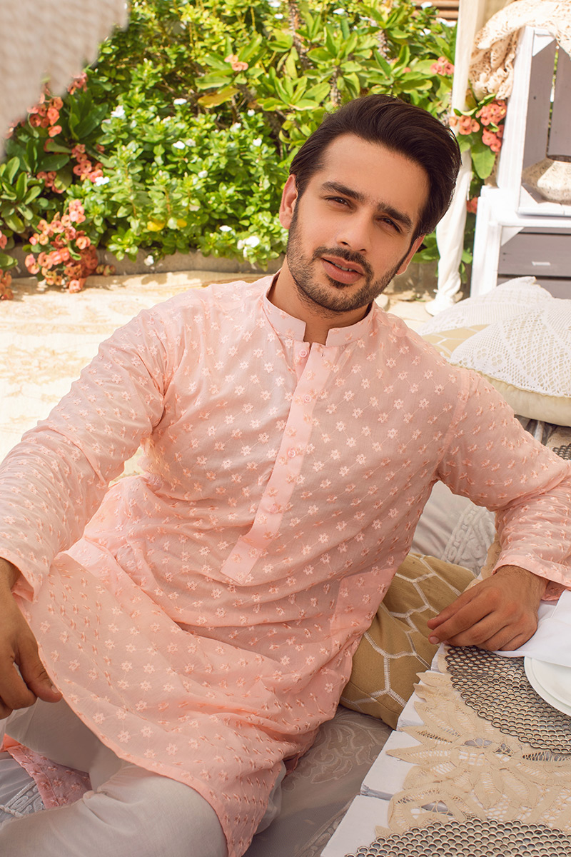 Powder Pink Schiffli Cotton Kurta Pajama (2-Piece) - Image 1