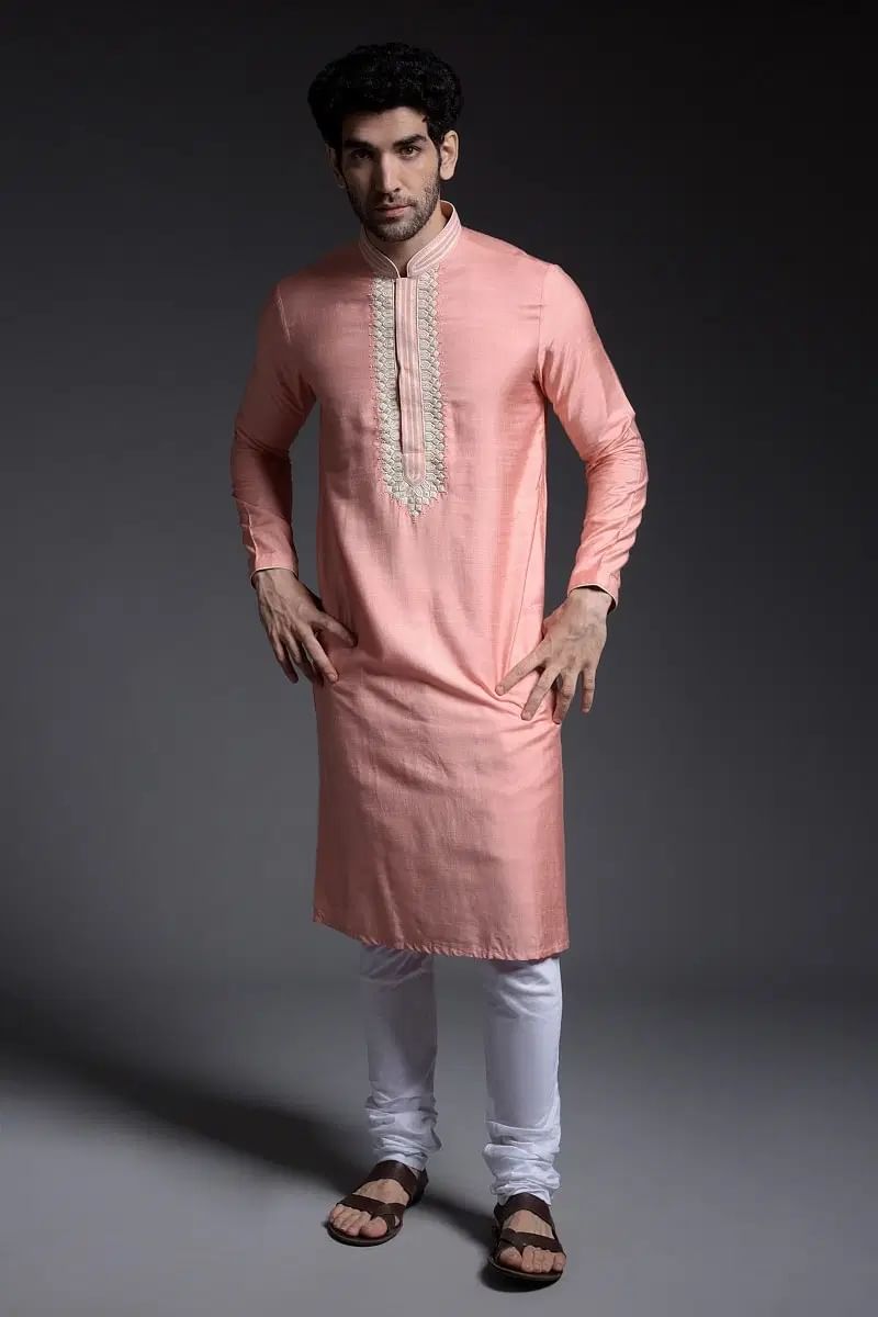 Light Salmon Pink Thread Embroidered Silk Kurta Pajama (2-Piece) - Image 1