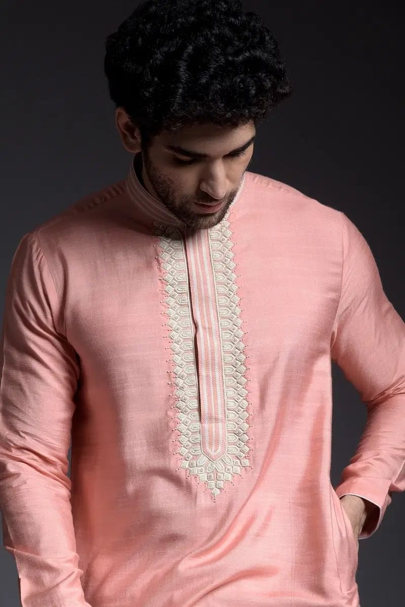 Light Salmon Pink Thread Embroidered Silk Kurta Pajama (2-Piece) - Image 2