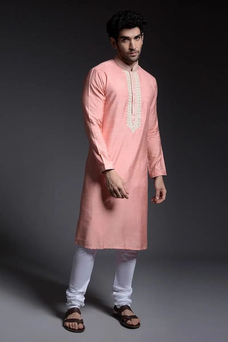 Light Salmon Pink Thread Embroidered Silk Kurta Pajama (2-Piece) - Image 3