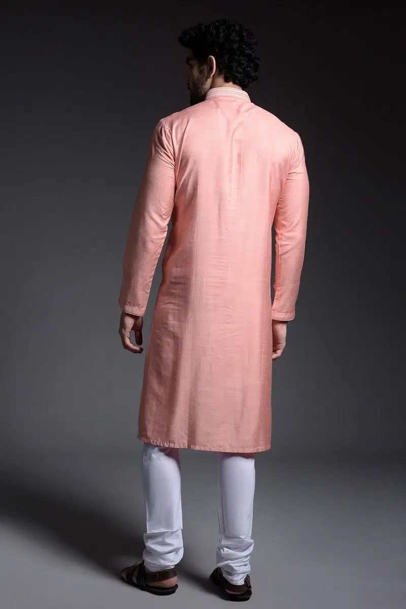 Light Salmon Pink Thread Embroidered Silk Kurta Pajama (2-Piece) - Image 4
