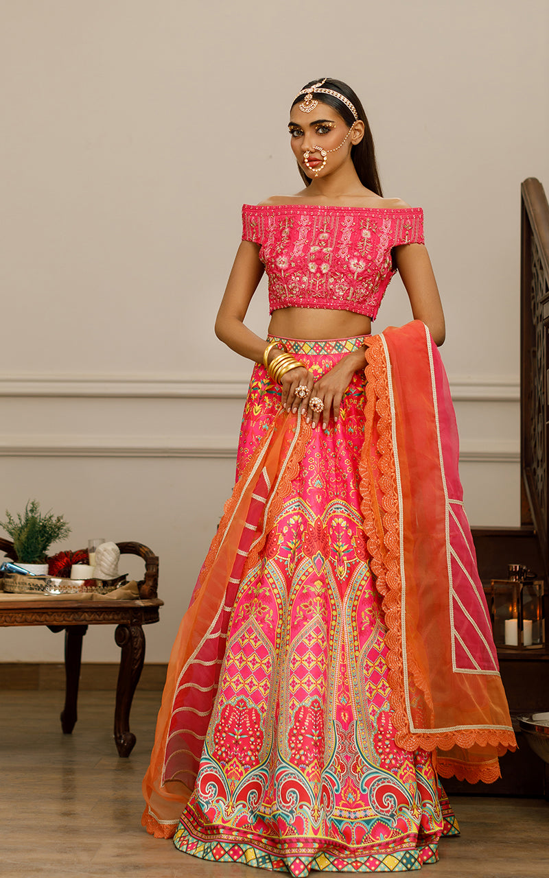 Hot Pink Embroidered Net Blouse with Banarsi Lehenga (3-Piece) - Image 1
