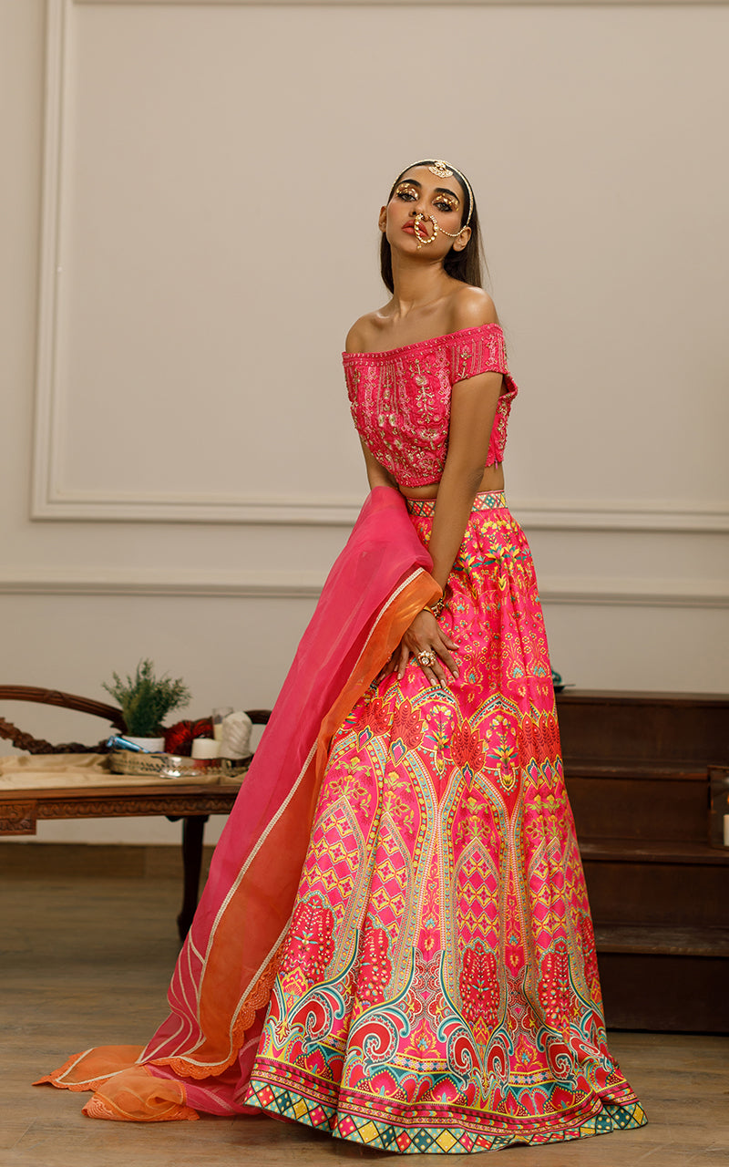 Hot Pink Embroidered Net Blouse with Banarsi Lehenga (3-Piece) - Image 2