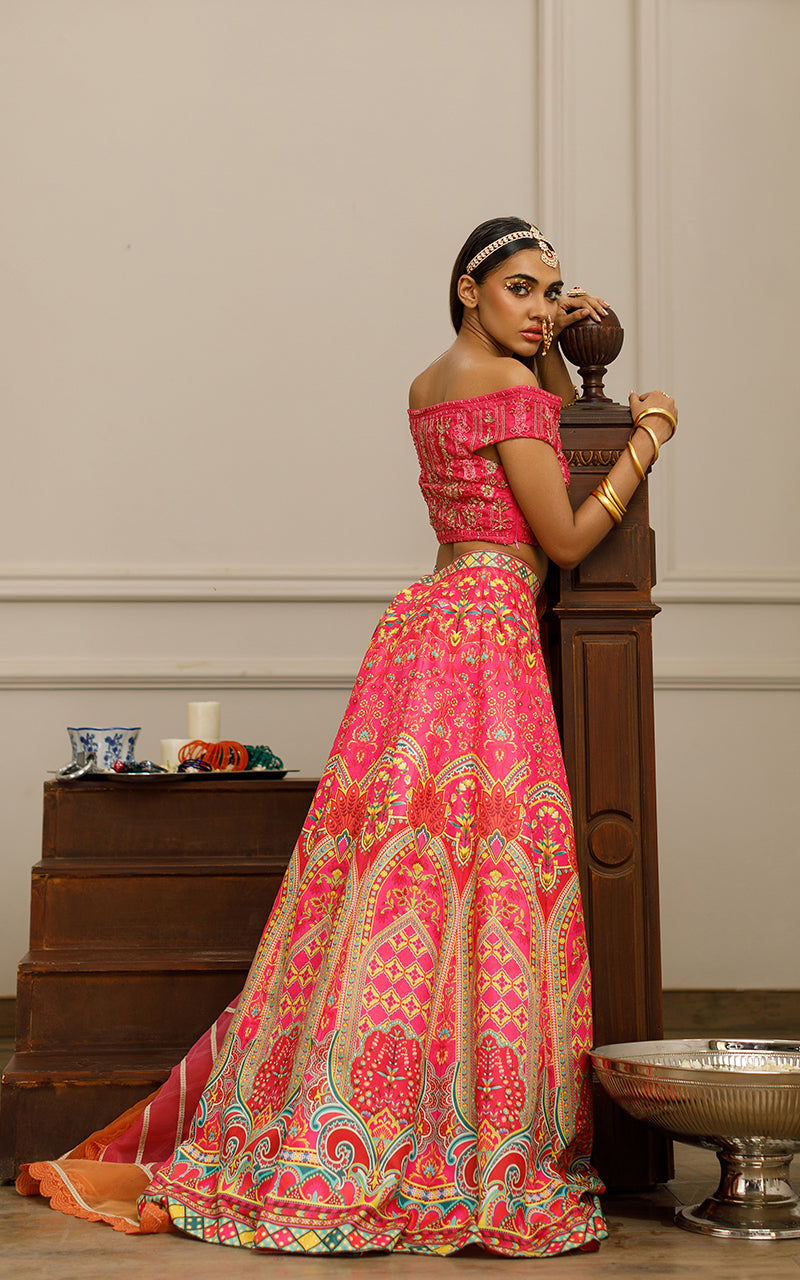 Hot Pink Embroidered Net Blouse with Banarsi Lehenga (3-Piece) - Image 4