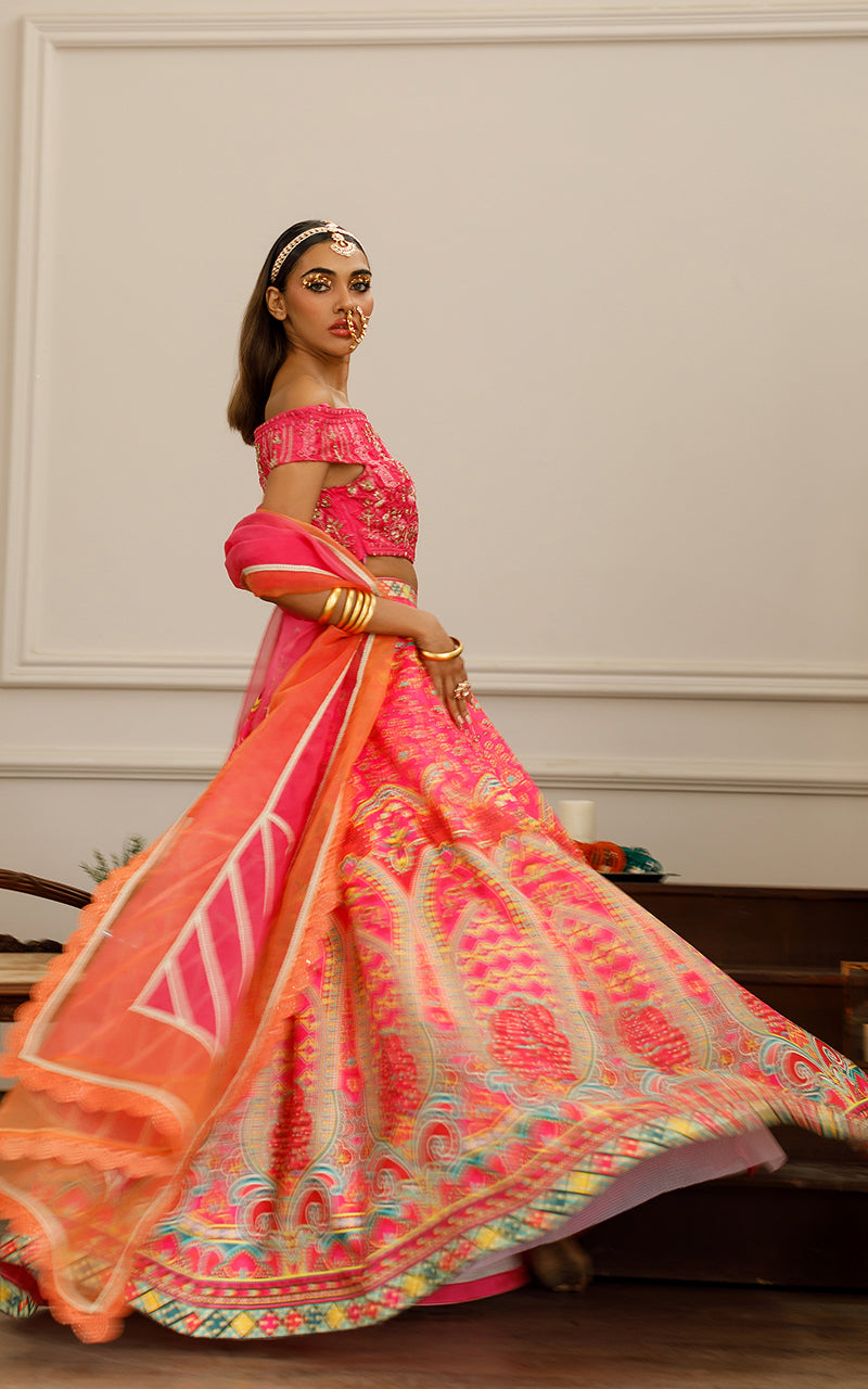 Pakistani Hot Pink Embroidered Net Lehenga Set (3-Piece) - Image 6