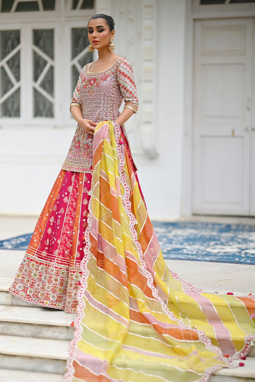 Raspberry Pink Embroidered Net & Brocade Lehenga (3-Piece) - Image 1