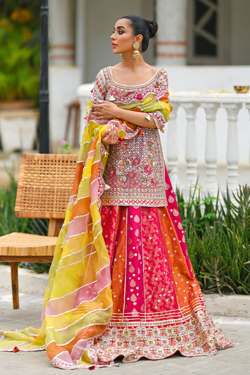 Raspberry Pink Embroidered Net & Brocade Lehenga (3-Piece) - Image 2