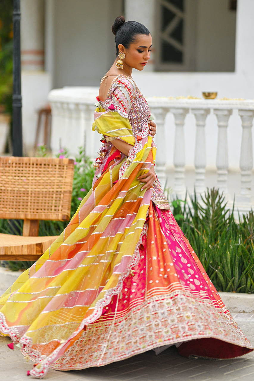 Raspberry Pink Embroidered Net & Brocade Lehenga (3-Piece) - Image 4