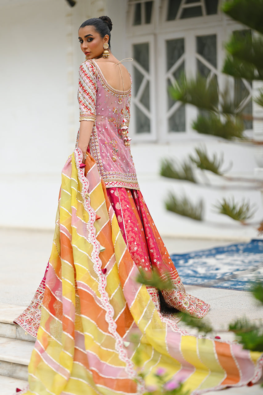 Raspberry Pink Embroidered Net & Brocade Lehenga (3-Piece) - Image 5