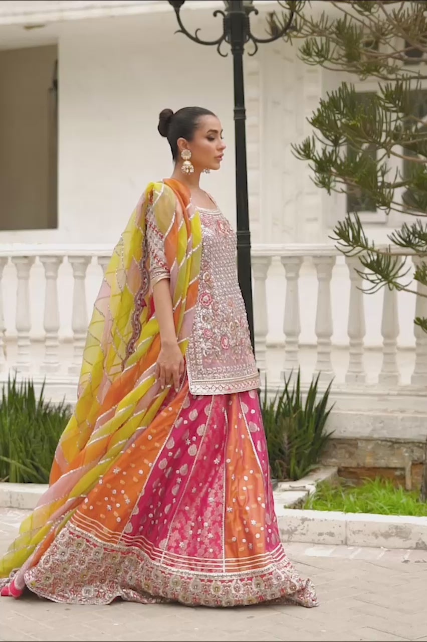 Raspberry Pink Embroidered Net & Brocade Lehenga (3-Piece) - Image 6