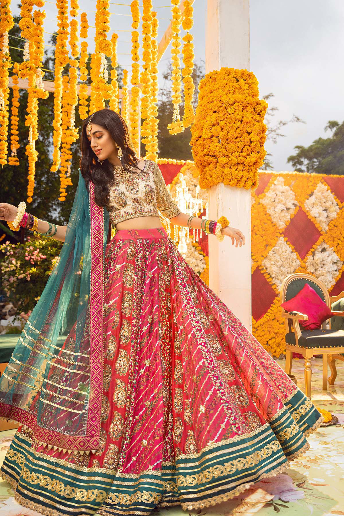 Pakistani Pink Zardozi Cotton Net Lehenga (3-Piece) - Image 1