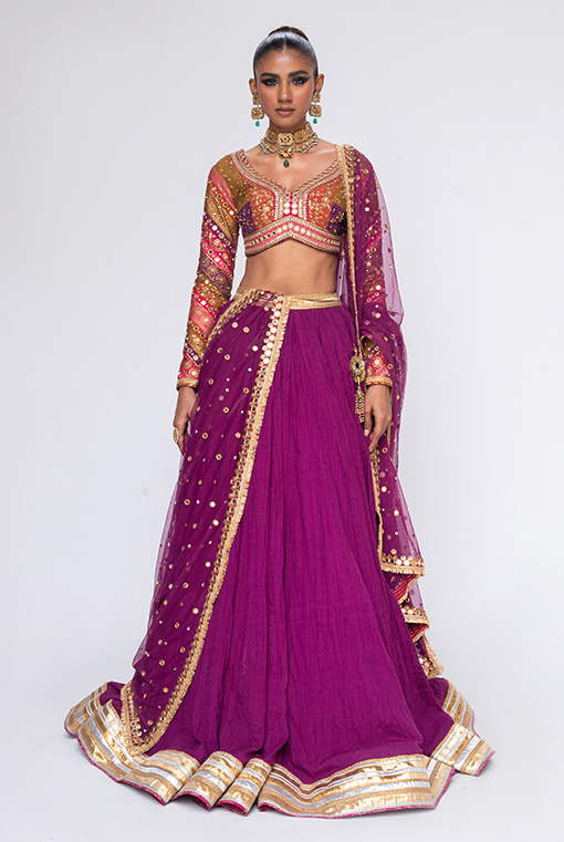 Pakistani Magenta Chattapatti Embroidered Crushed Lehenga (3-Piece) - Image 1