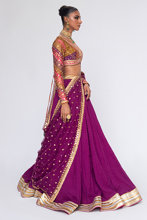 Pakistani Magenta Chattapatti Embroidered Crushed Lehenga (3-Piece) - Image 5