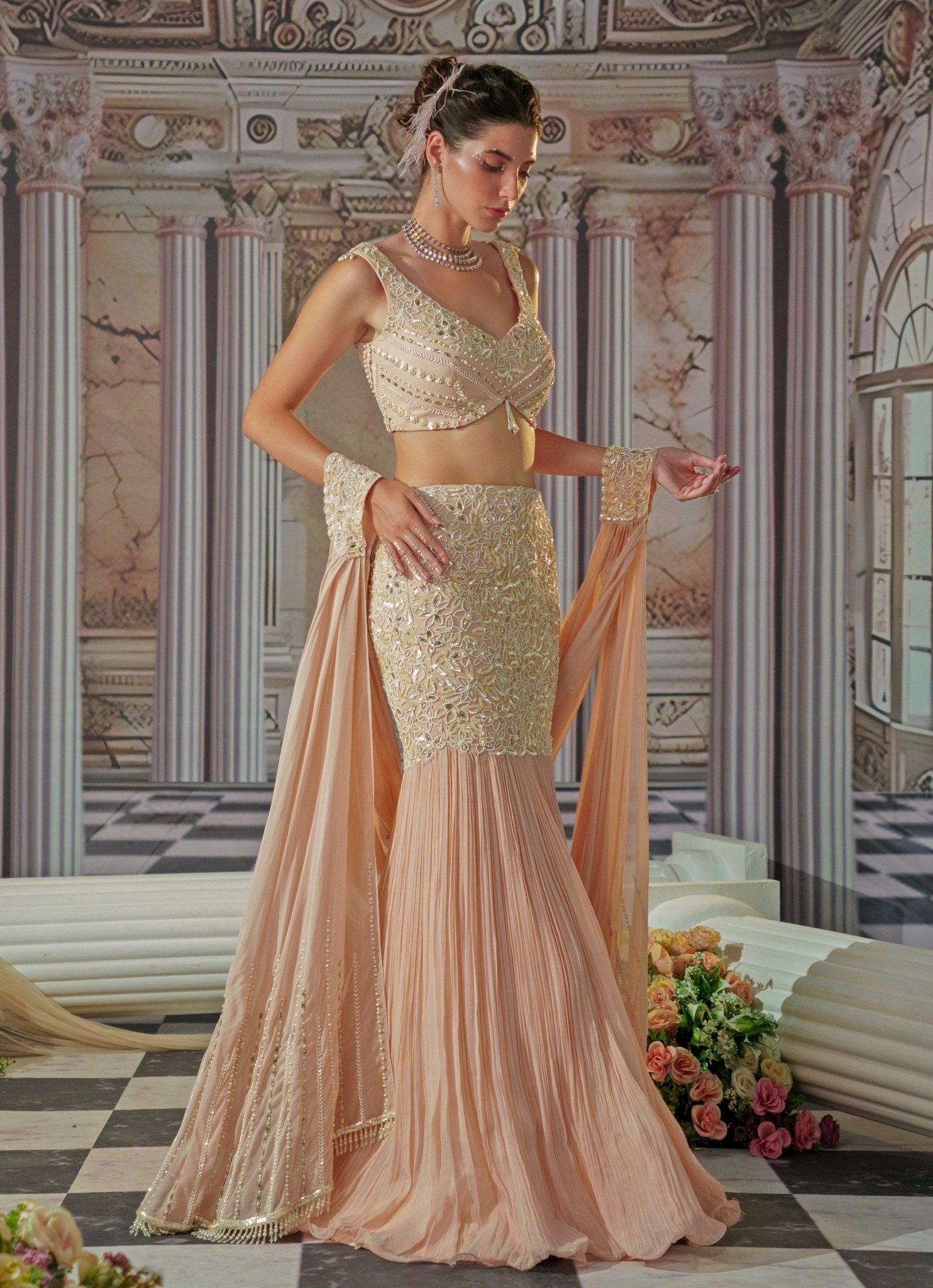 Baby Pink Embroidered Georgette Mermaid Lehenga (3-Piece) - Image 1