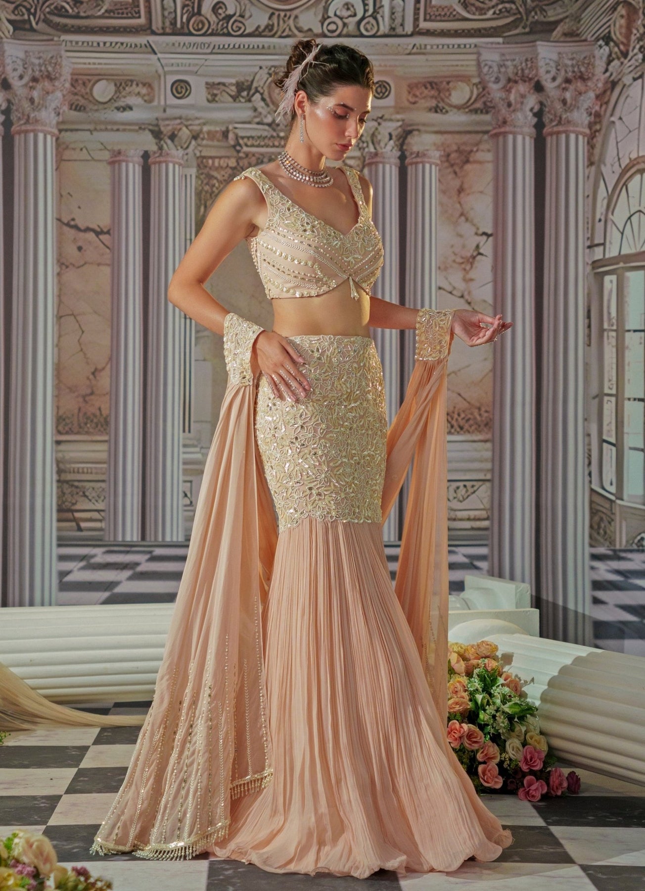 Baby Pink Embroidered Georgette Mermaid Lehenga (3-Piece) - Image 2